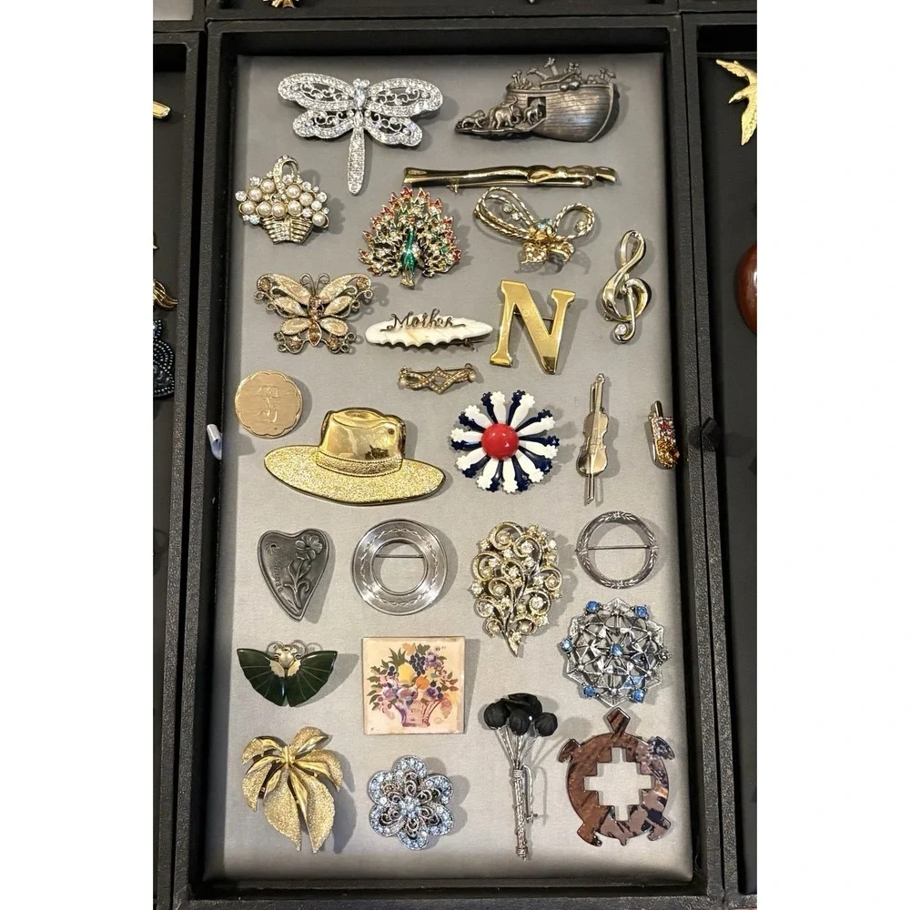 HUGE Vintage - Modern LOT Rhinestone Mixed Material Brooch Pin Some Signed